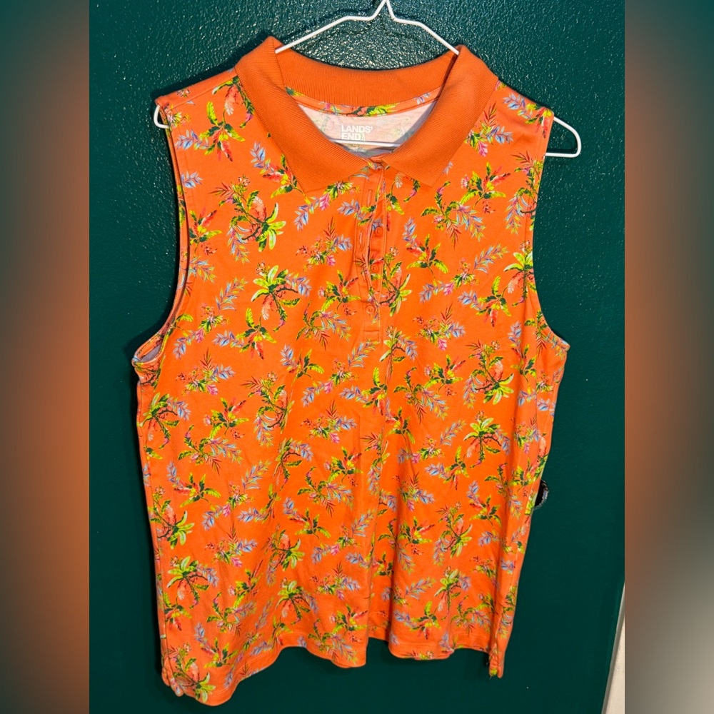 Orange Floral Sleeveless Polo Top